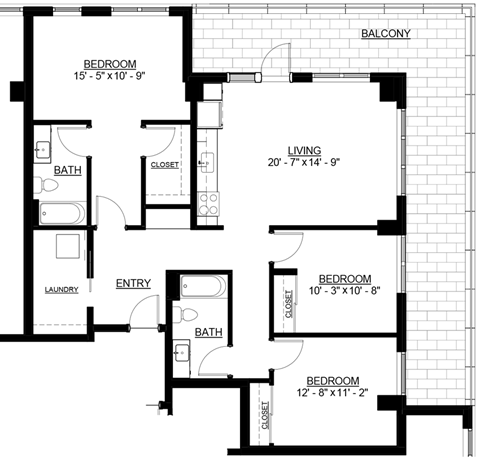 Floor plan for 3 beds, 2 baths, 1265 sqft